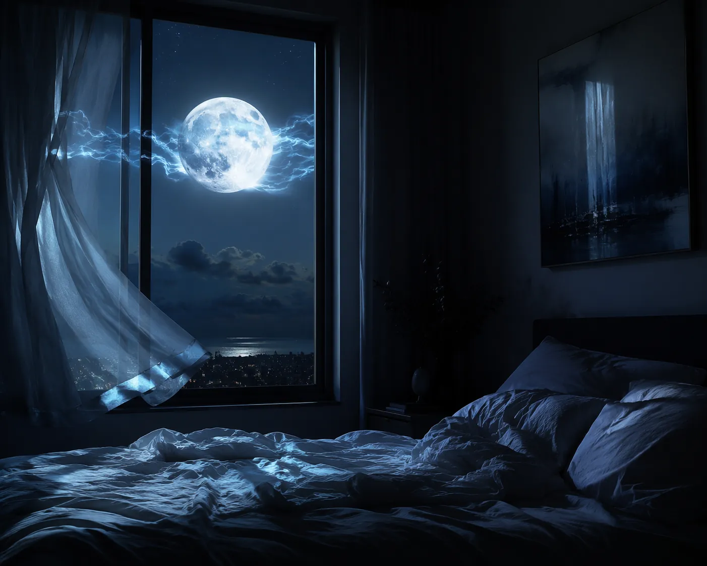 Dim bedroom at night with a bright full moon casting cool silver-blue light through a window onto tangled white sheets