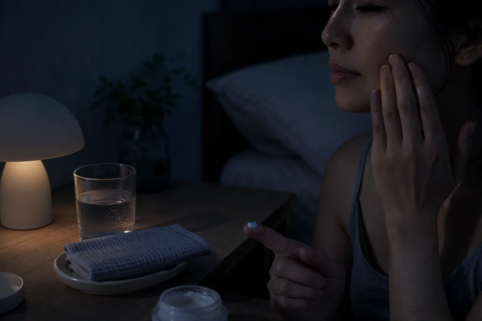 Nightstand with a pre-cooled cloth, cold water, low light, and a hand gently patting the cheek