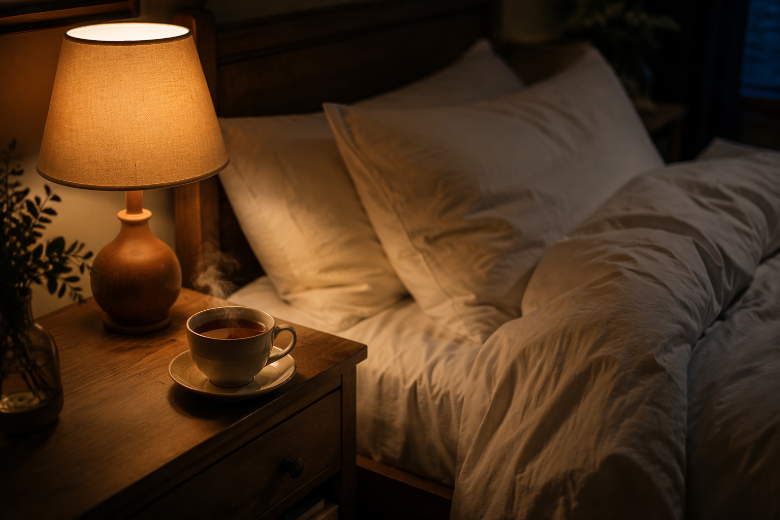 Steaming cup of tea on a nightstand beside a bed in a dim bedroom