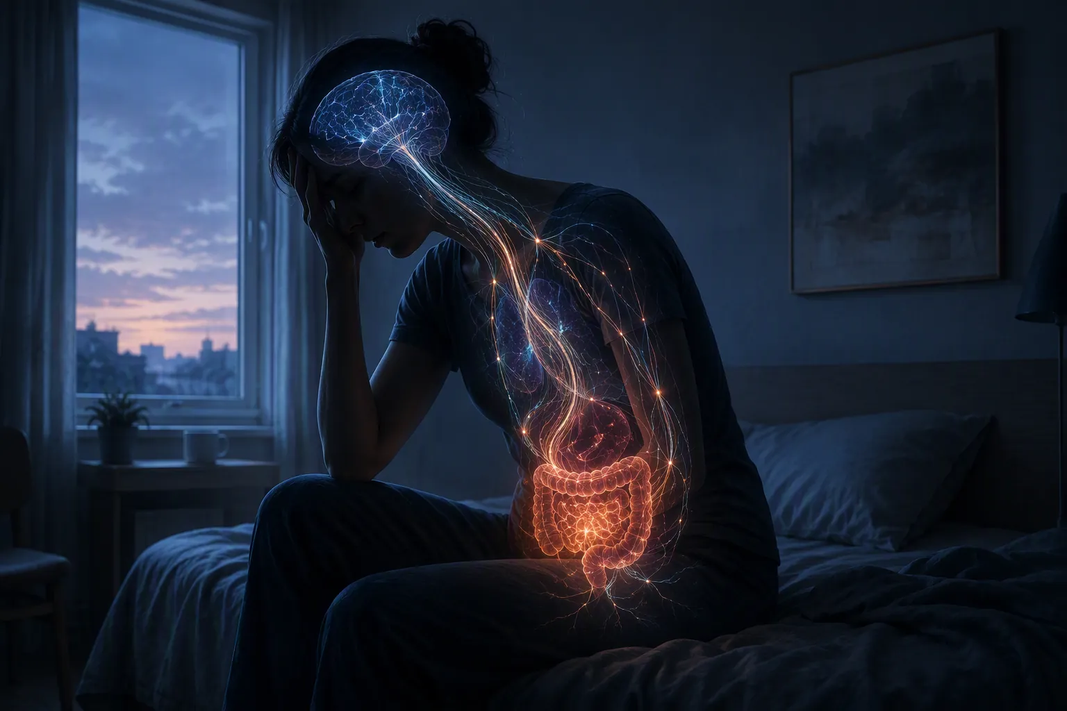 Exhausted person sitting on a bed with glowing pathways connecting the gut and brain