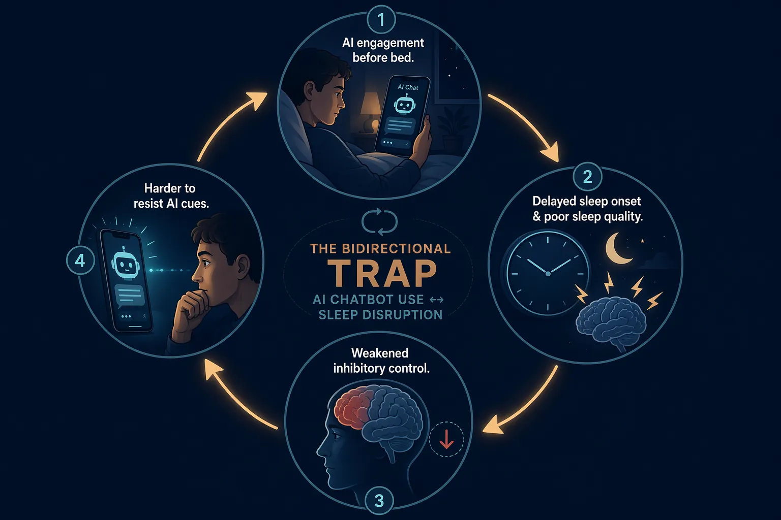 Circular diagram showing chatbot use, disrupted sleep, weakened inhibitory control, and renewed AI craving as a loop