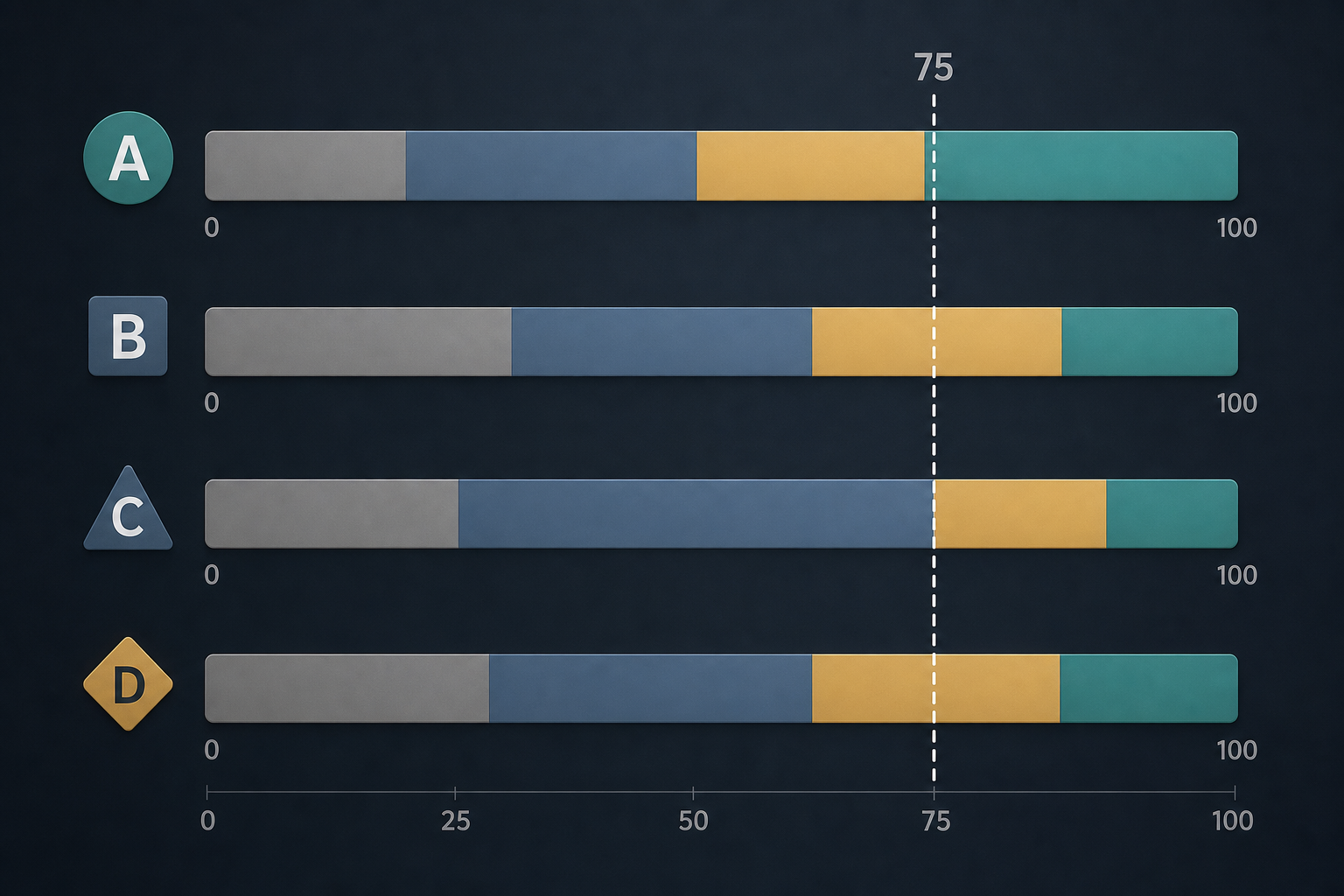 Horizontal cross-platform score comparison showing four abstract platform score bars with a vertical dashed line at 75, each bar colored differently in the zone around 75 — teal for Good on one platform, muted yellow for Fair on another, slate blue for OK on a third.