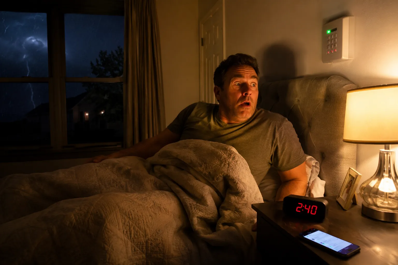 A person startled awake in a bright bedroom after power returns at 2:40 AM