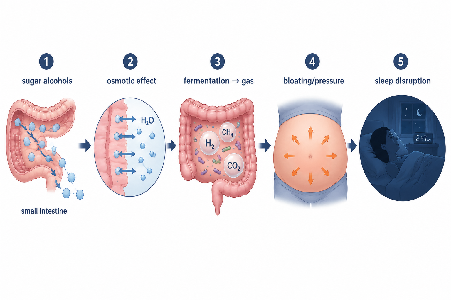 Diagram showing sugar alcohols moving through the intestine, drawing water into the gut, fermenting into gas, and leading to sleep disruption