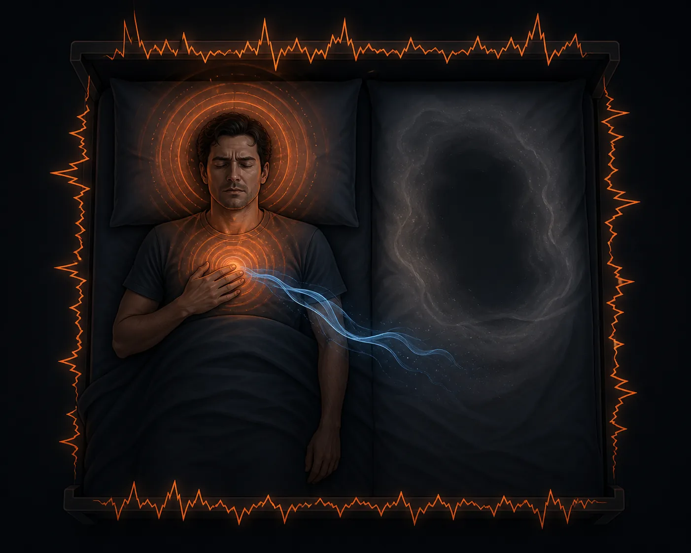 An editorial illustration of cortisol, dopamine withdrawal, alarm cues, and an empty side of the bed disrupting sleep
