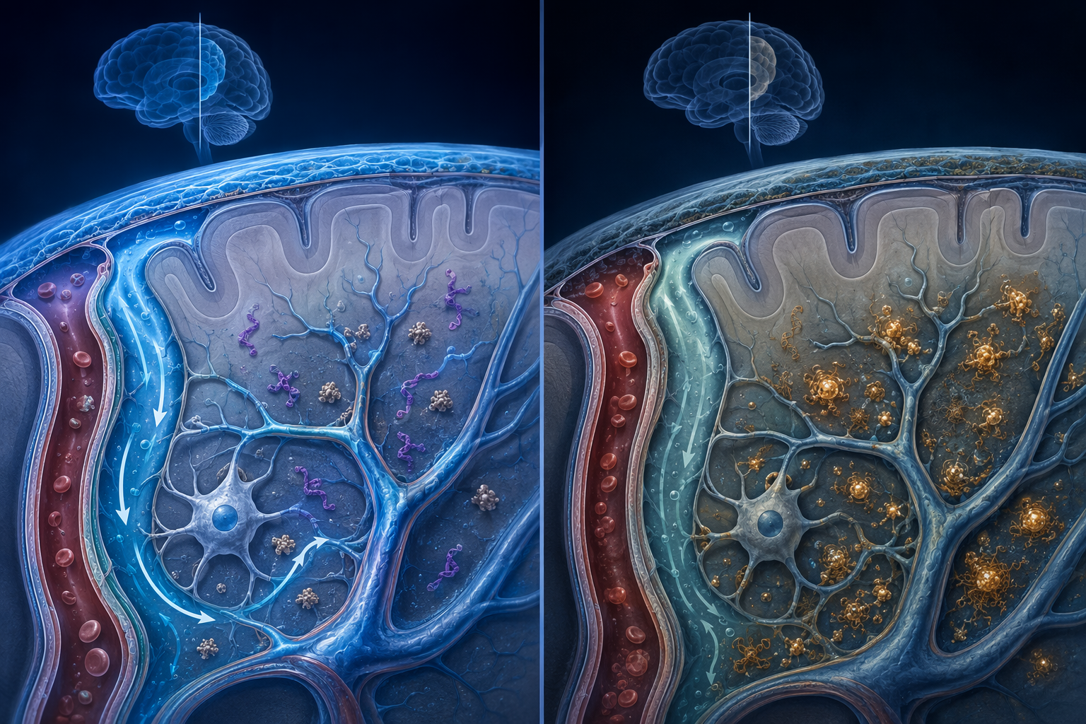 Split-brain illustration comparing active glymphatic clearance during restful sleep with reduced clearance during sleep deprivation