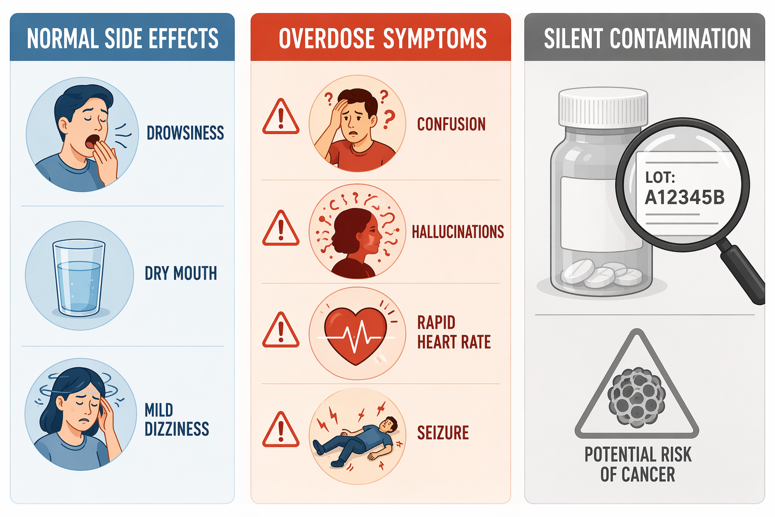 Side-by-side illustration of normal side effects, overdose warning signs, and silent contamination