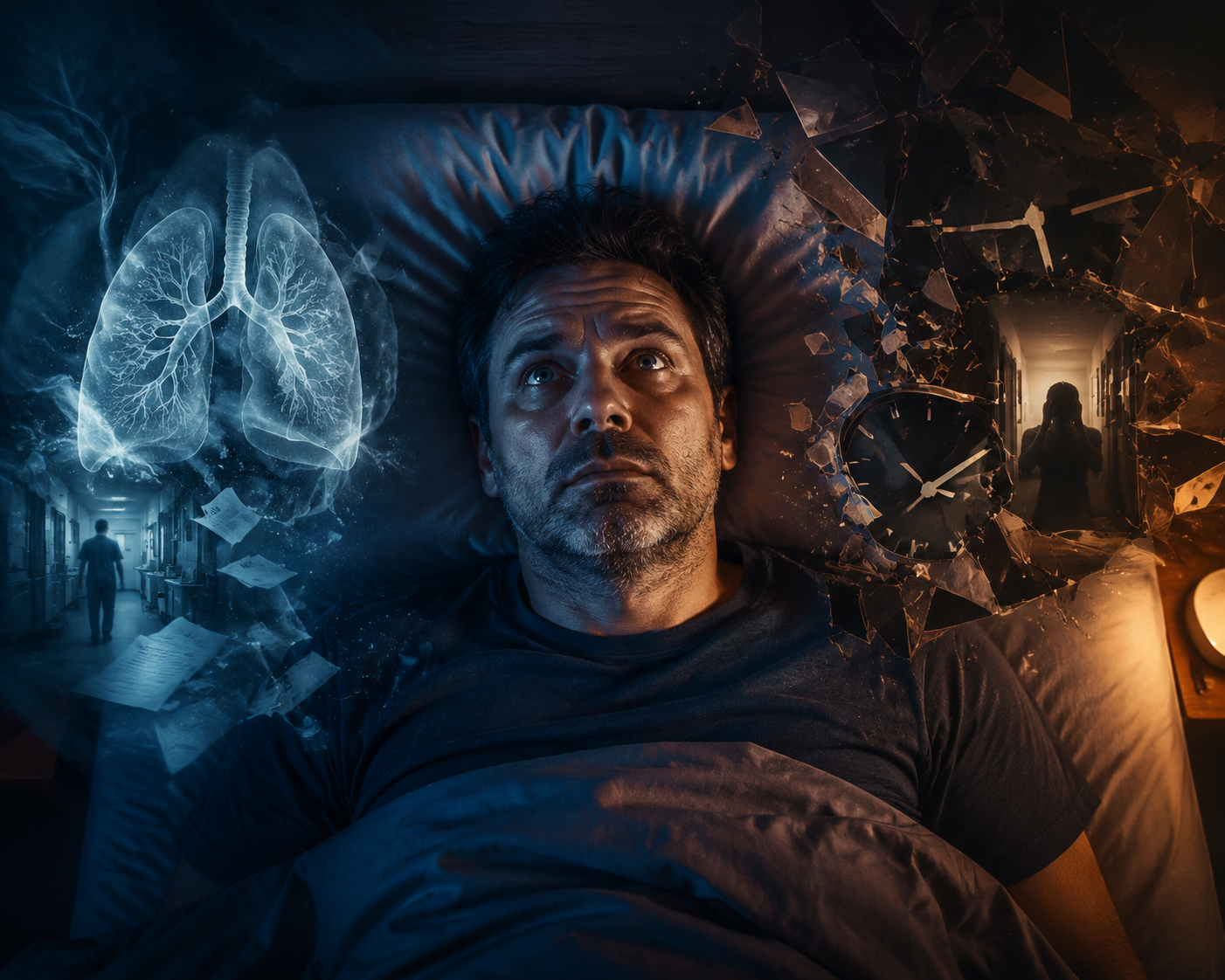 A person lies awake after medical recovery while fragmented sleep-cycle imagery surrounds them