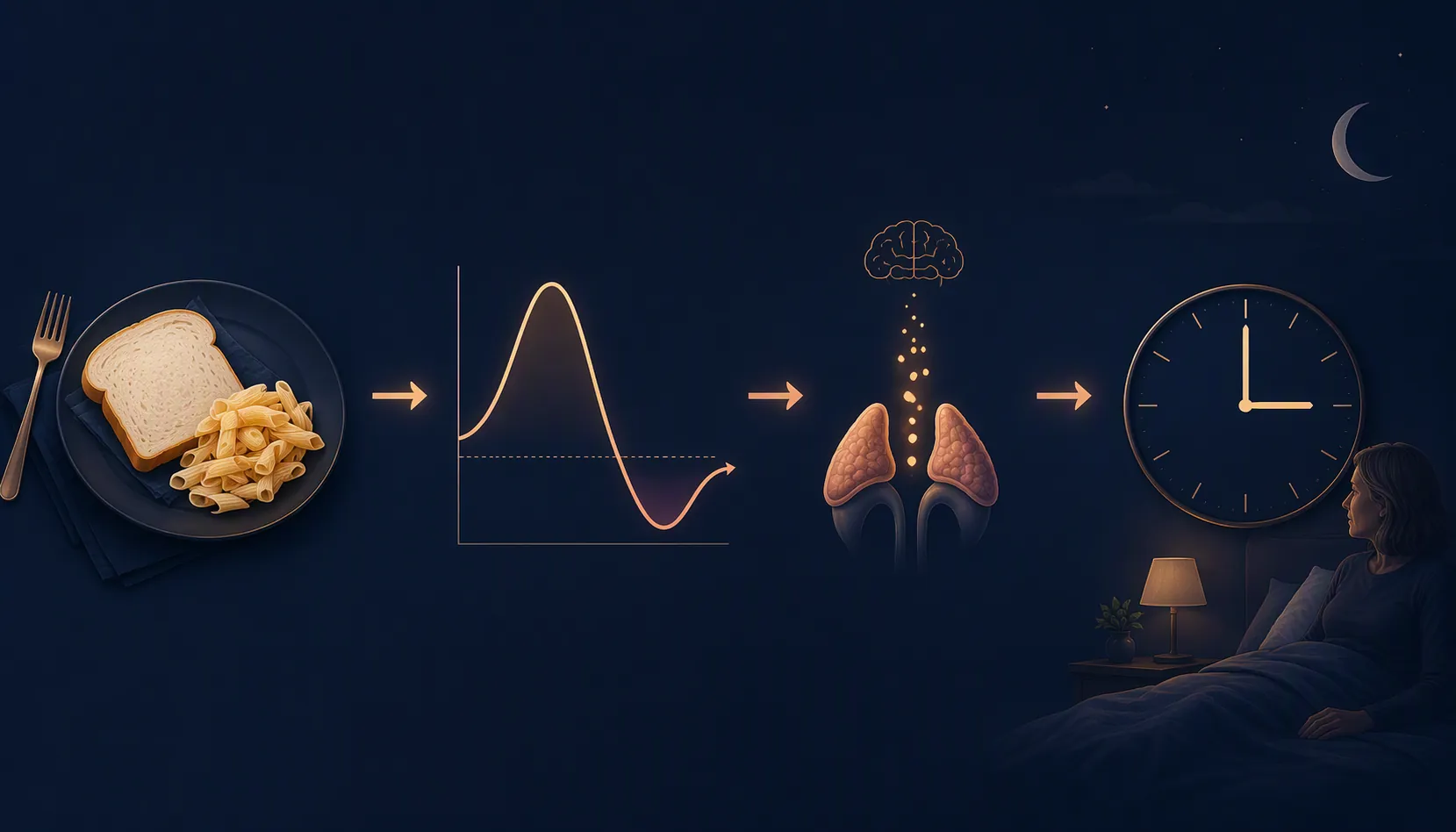 Pathway from refined carbohydrates to a blood glucose spike and drop, stress hormones, and a 3 a.m. awakening