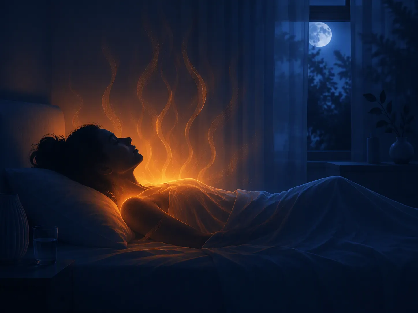 Woman lying in bed with warm heat waves rising around her upper body
