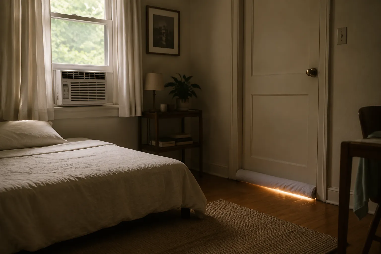Small bedroom cool corner with window air conditioner, sealed door, rolled towel, and light sheets