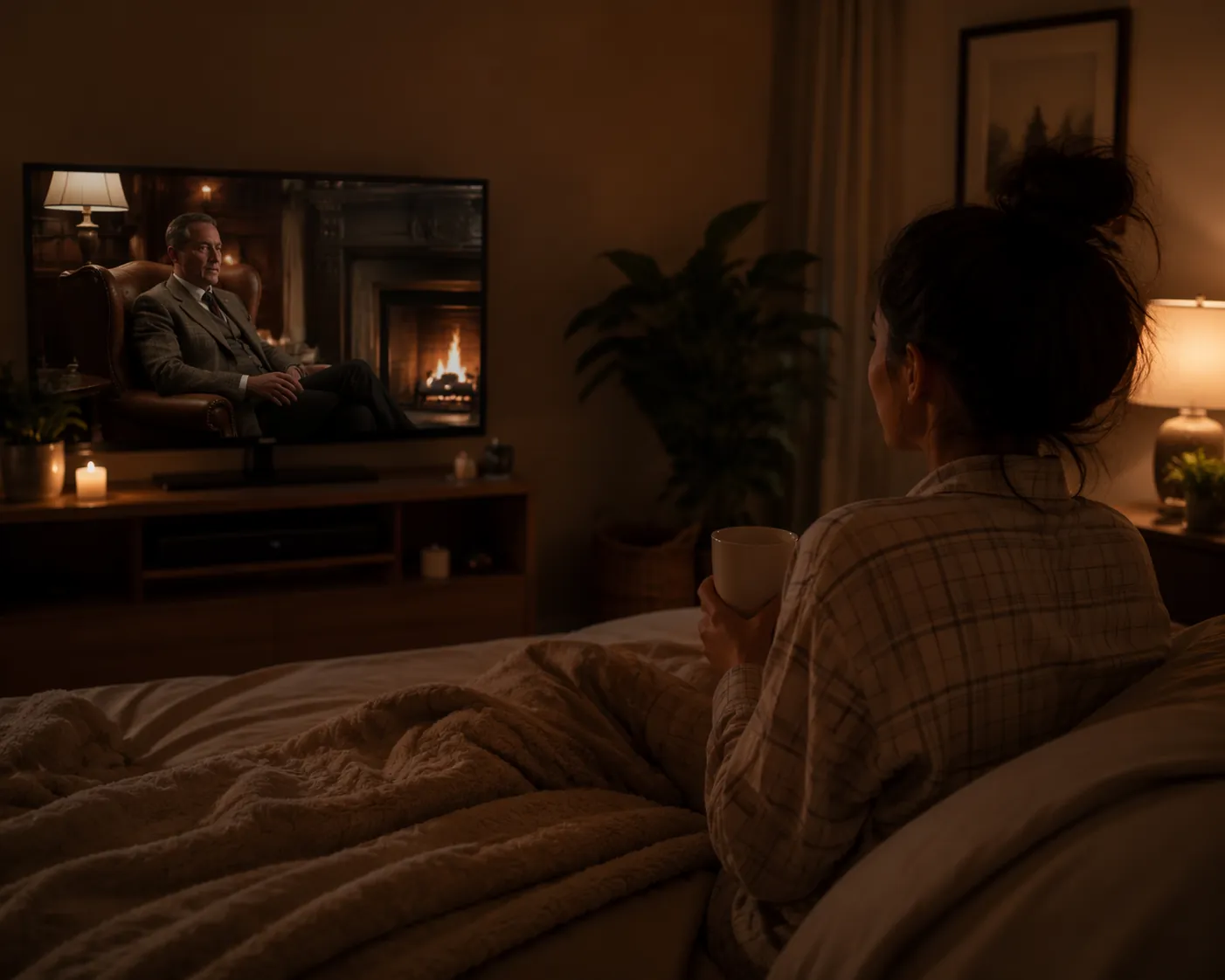 A calm bedtime viewing setup with a TV across the room showing a warm detective scene