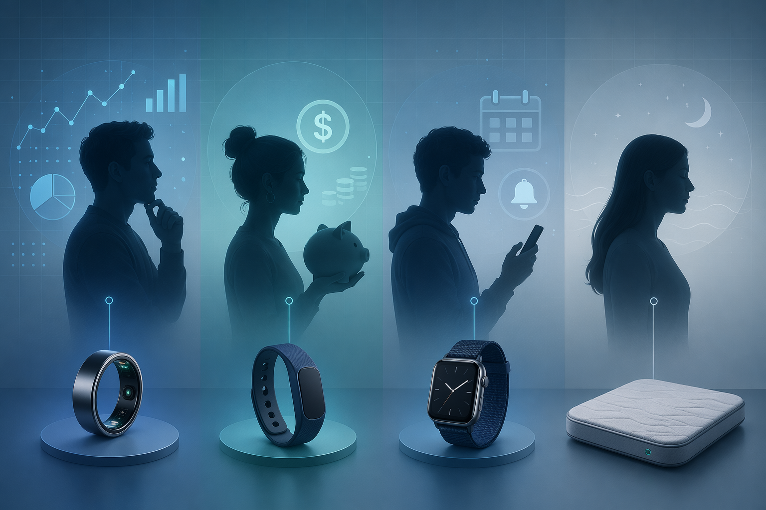 Four abstract user silhouettes each linked to a different sleep tracker form factor icon — analytical silhouette to smart ring, budget silhouette to fitness band, multifunctional silhouette to smartwatch, minimalist silhouette to mattress sensor — arranged in a decision-matrix flow