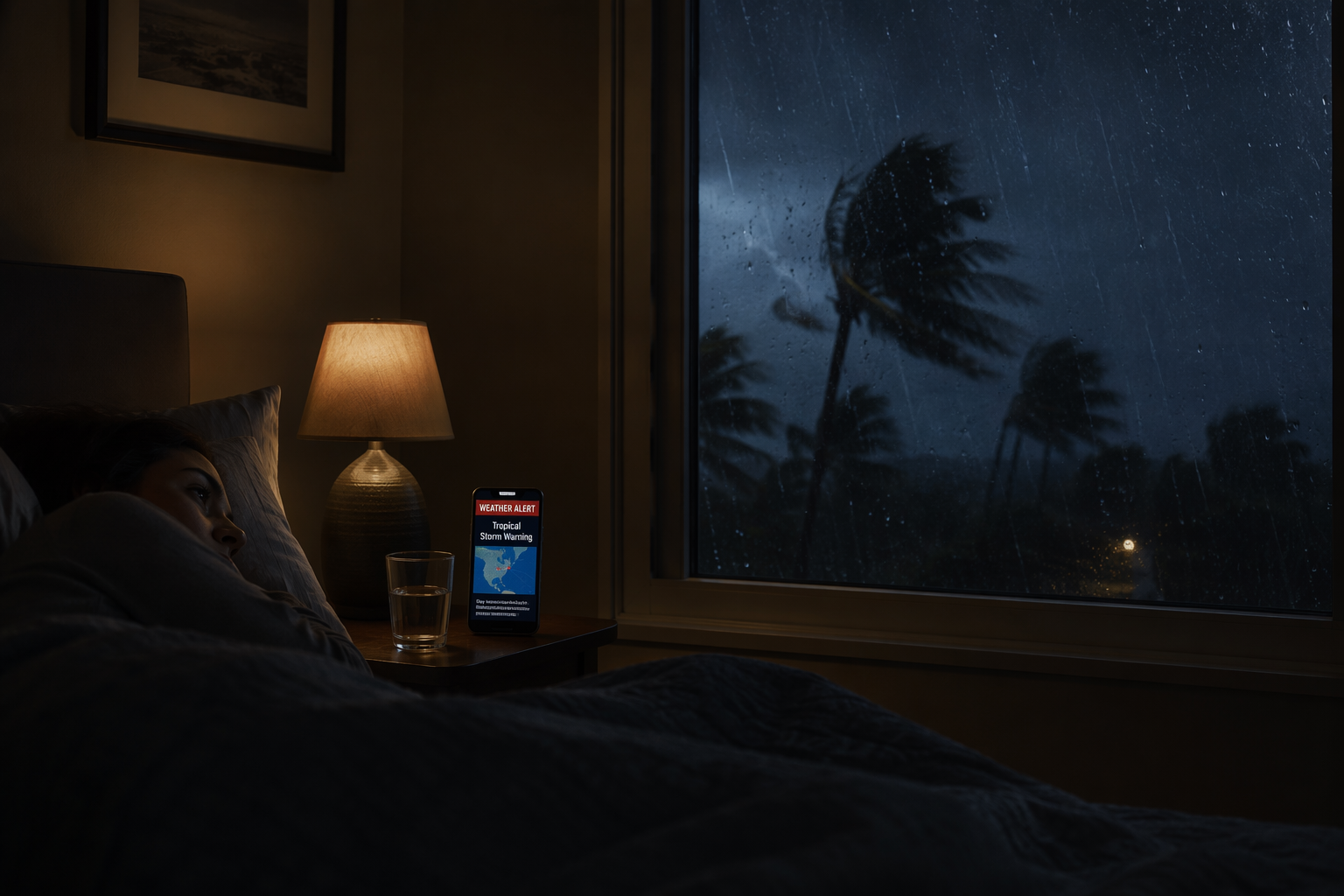 A bedroom during a tropical storm with a glowing weather alert on a phone beside the bed