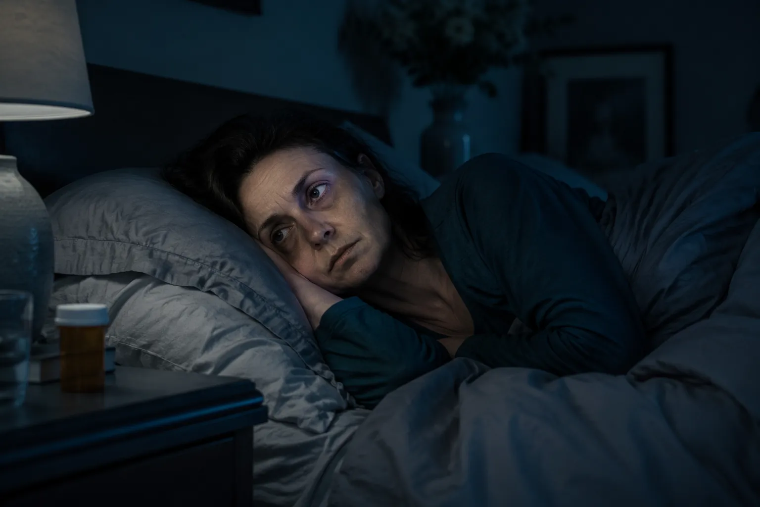 Exhausted woman lying awake at night with a prescription bottle on the bedside table