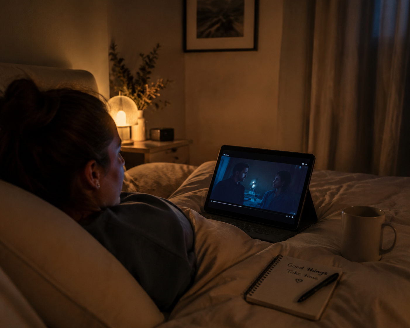 A calm bedroom scene with a person watching a warm-toned movie on a tablet beside a soft bedside lamp