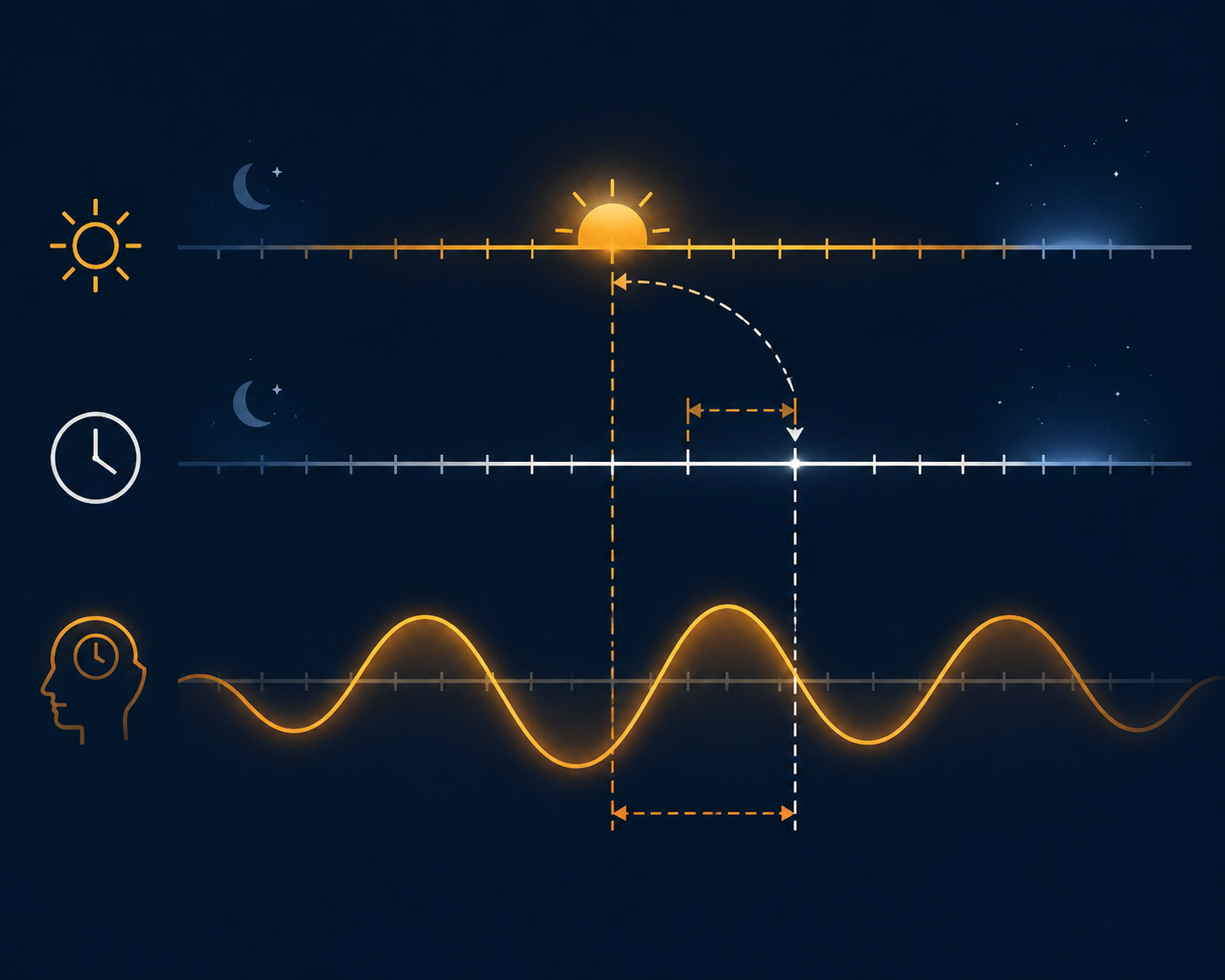 Editorial diagram showing solar time, shifted clock time, and an internal circadian rhythm misaligned across three timelines