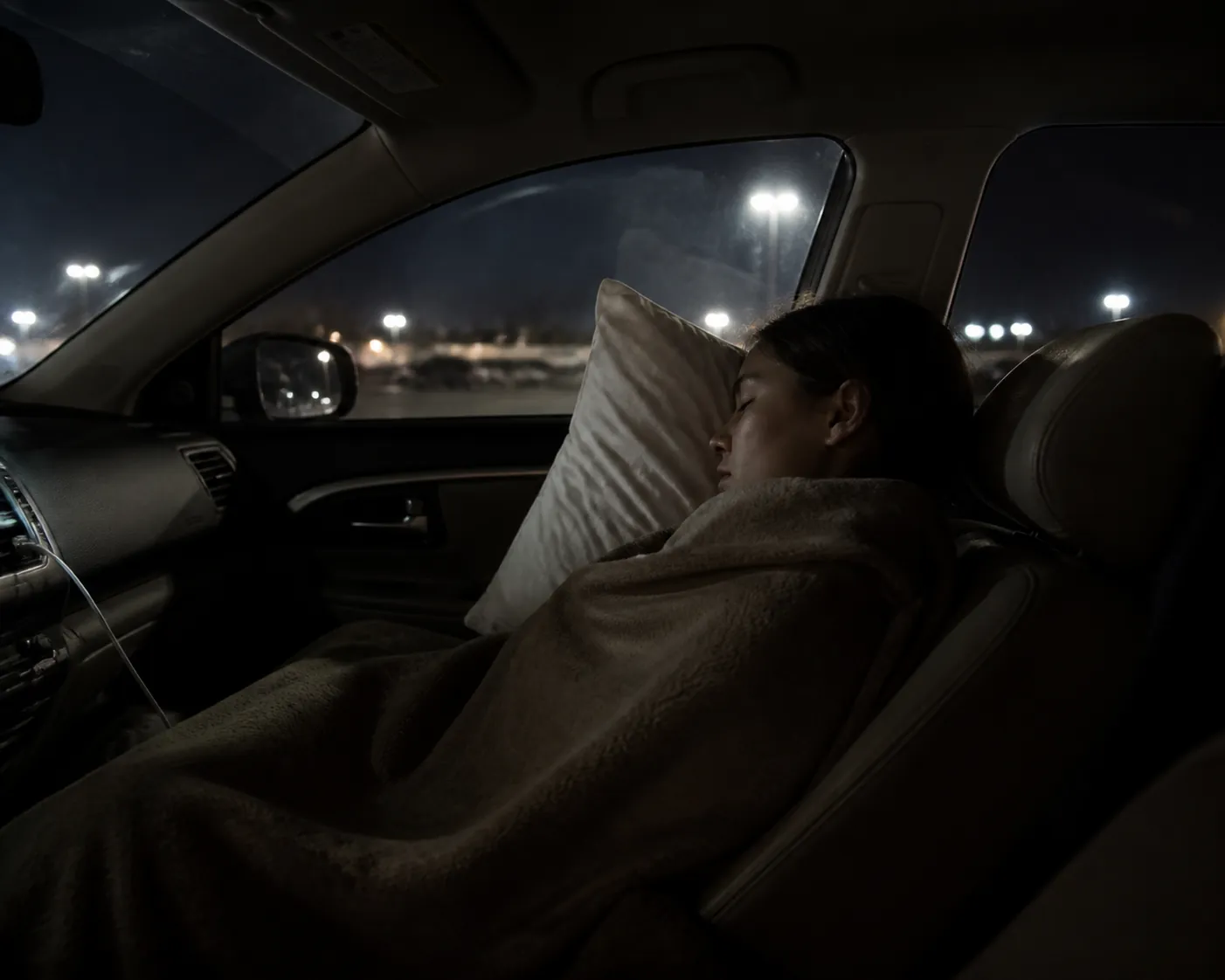 A person resting in a parked car with a reclined seat, pillow, blanket, and charging phone cable