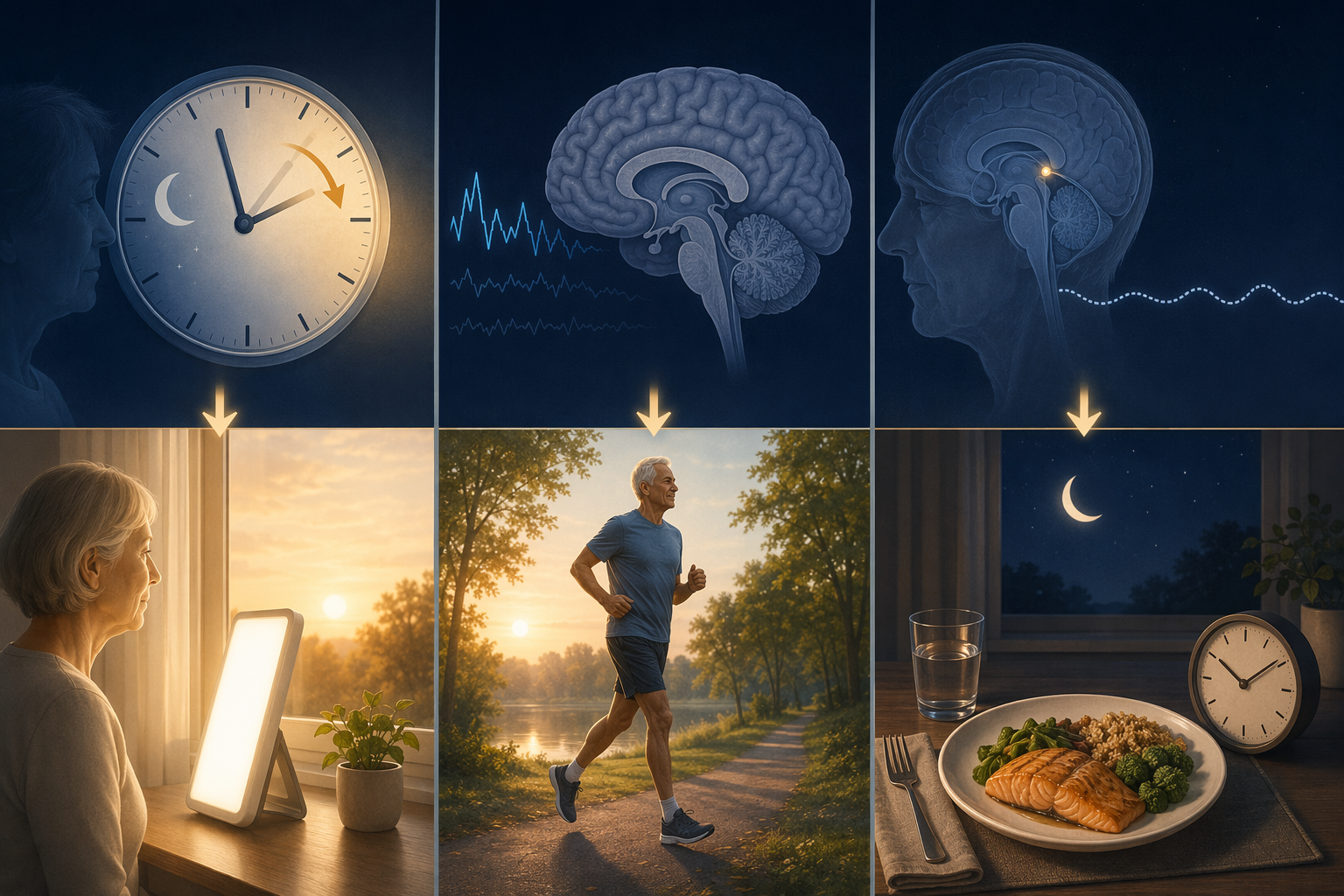 Split-panel illustration pairing age-related sleep changes with morning light, aerobic exercise, and consistent meal timing