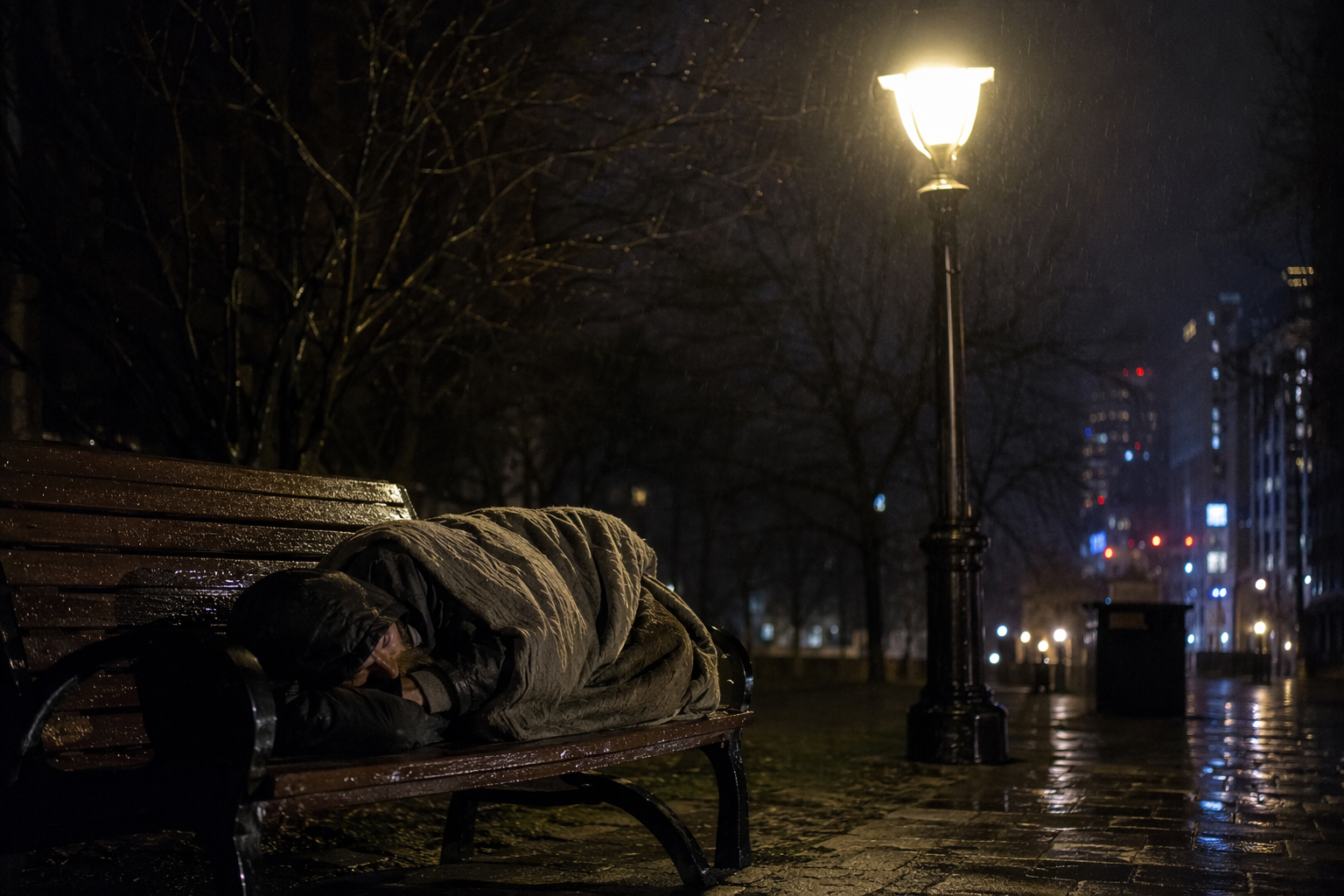 A person sleeps curled on a cold park bench under a thin blanket in the rain