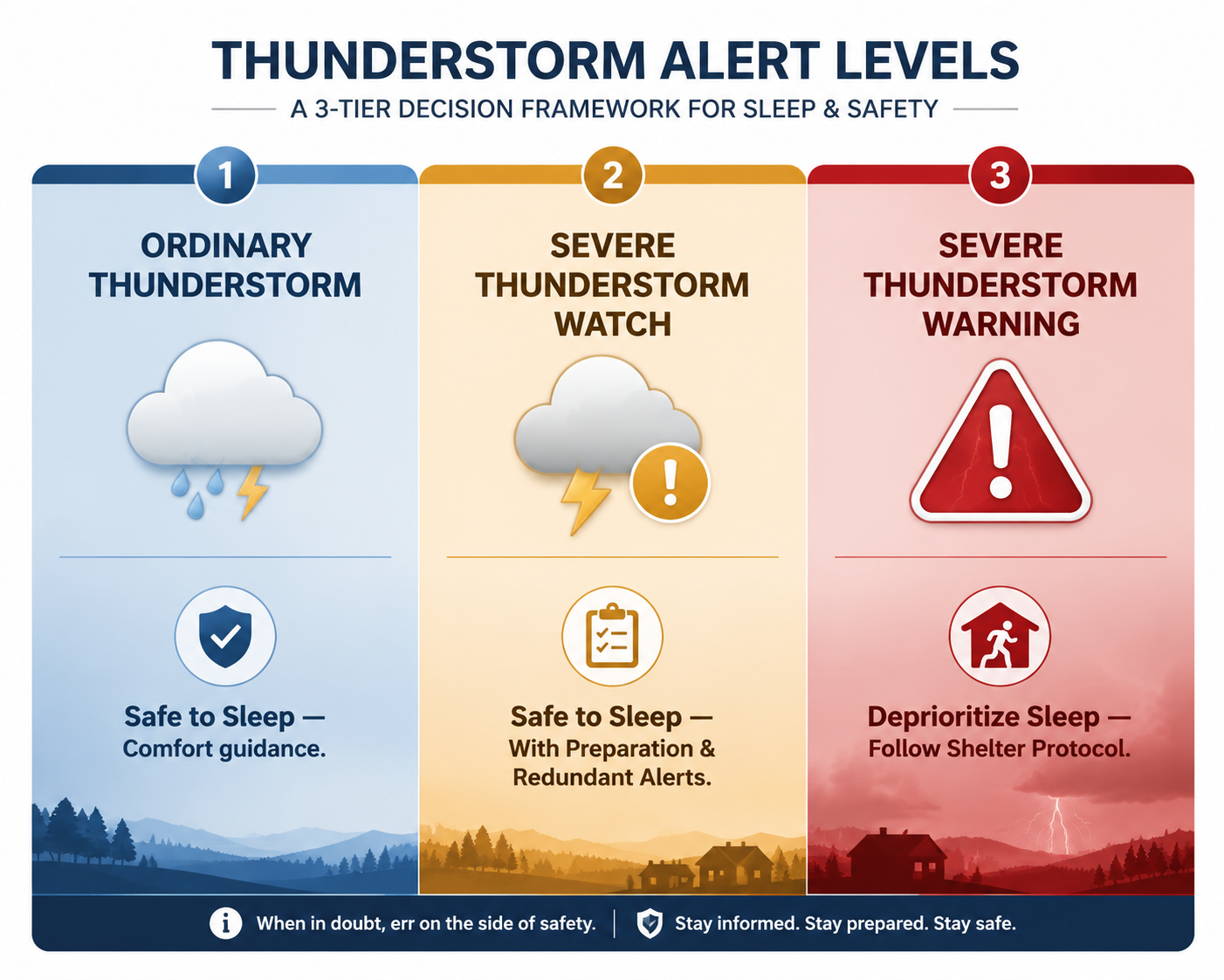 Three-column decision framework for ordinary thunderstorms, severe thunderstorm watches, and severe thunderstorm warnings