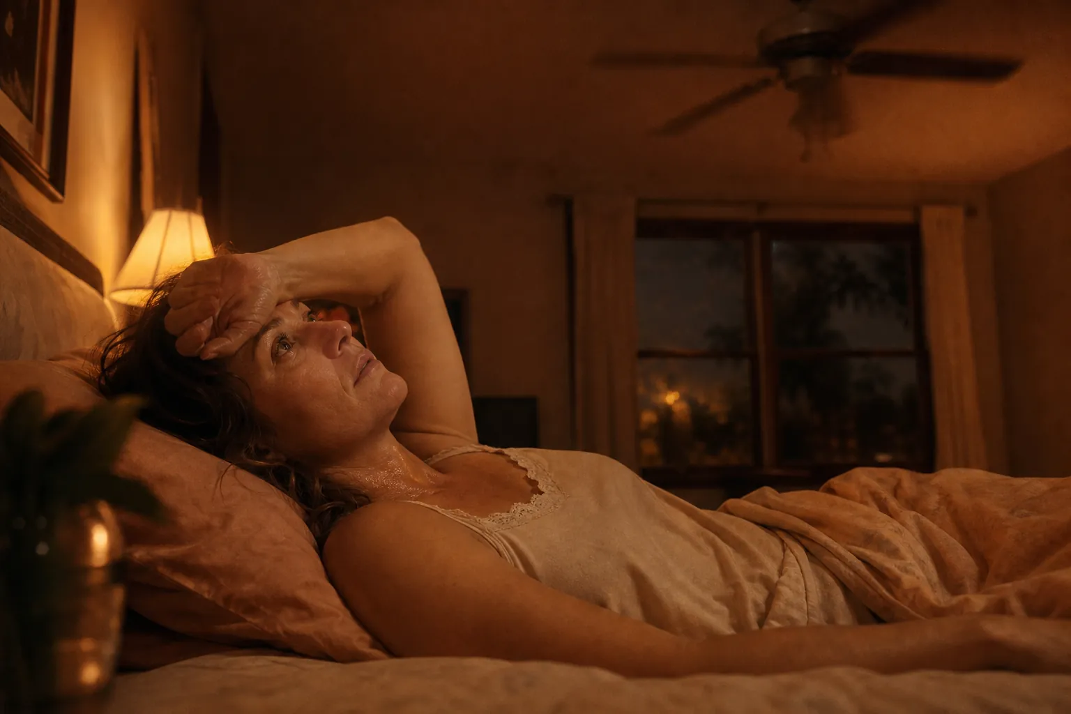 A woman in her late 40s lies awake in a hot late-summer bedroom with damp sheets and a slow ceiling fan overhead