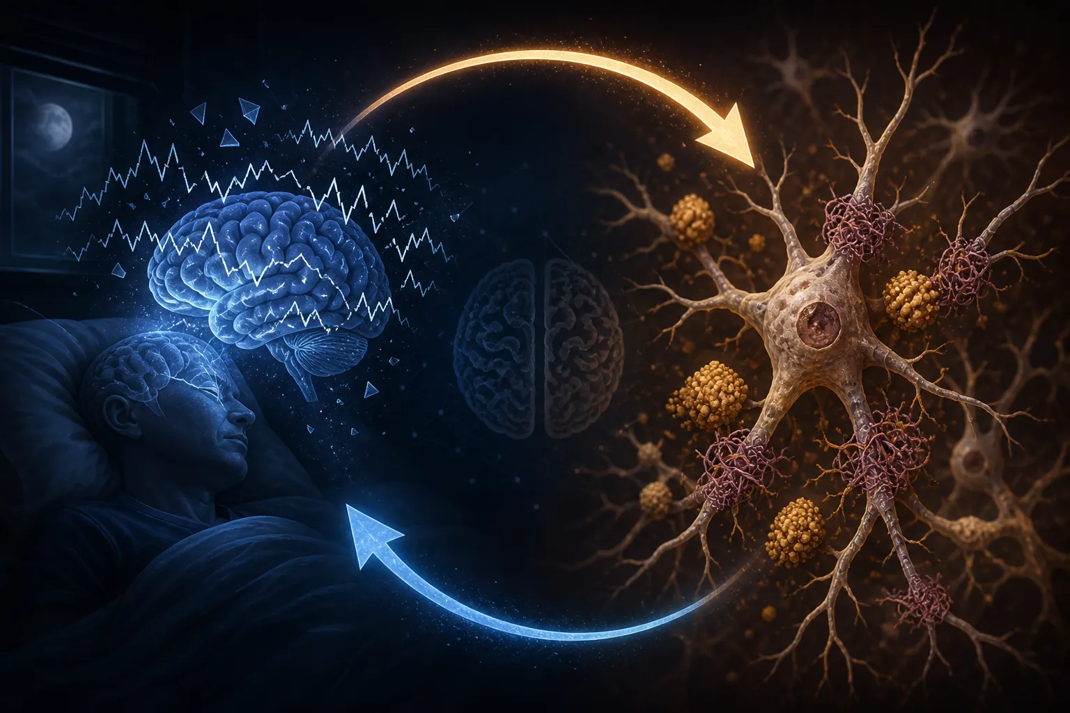Medical illustration of a bidirectional loop between fragmented sleep and Alzheimer's-related beta-amyloid plaques and tau tangles