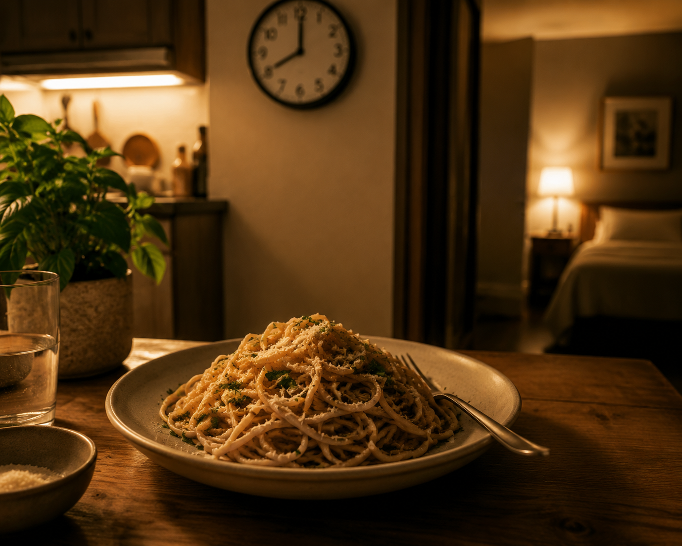 Whole-wheat spaghetti on an evening dinner table with a bedroom visible in the background