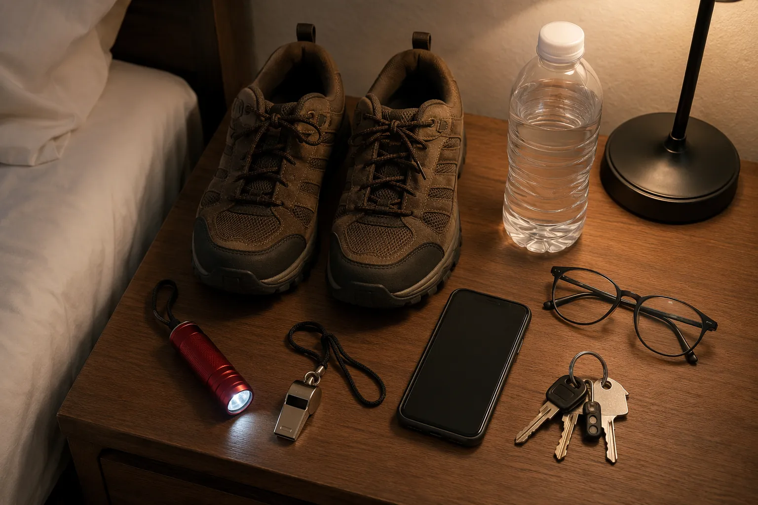 A bedside earthquake kit with shoes, flashlight, whistle, phone, keys, glasses, and water