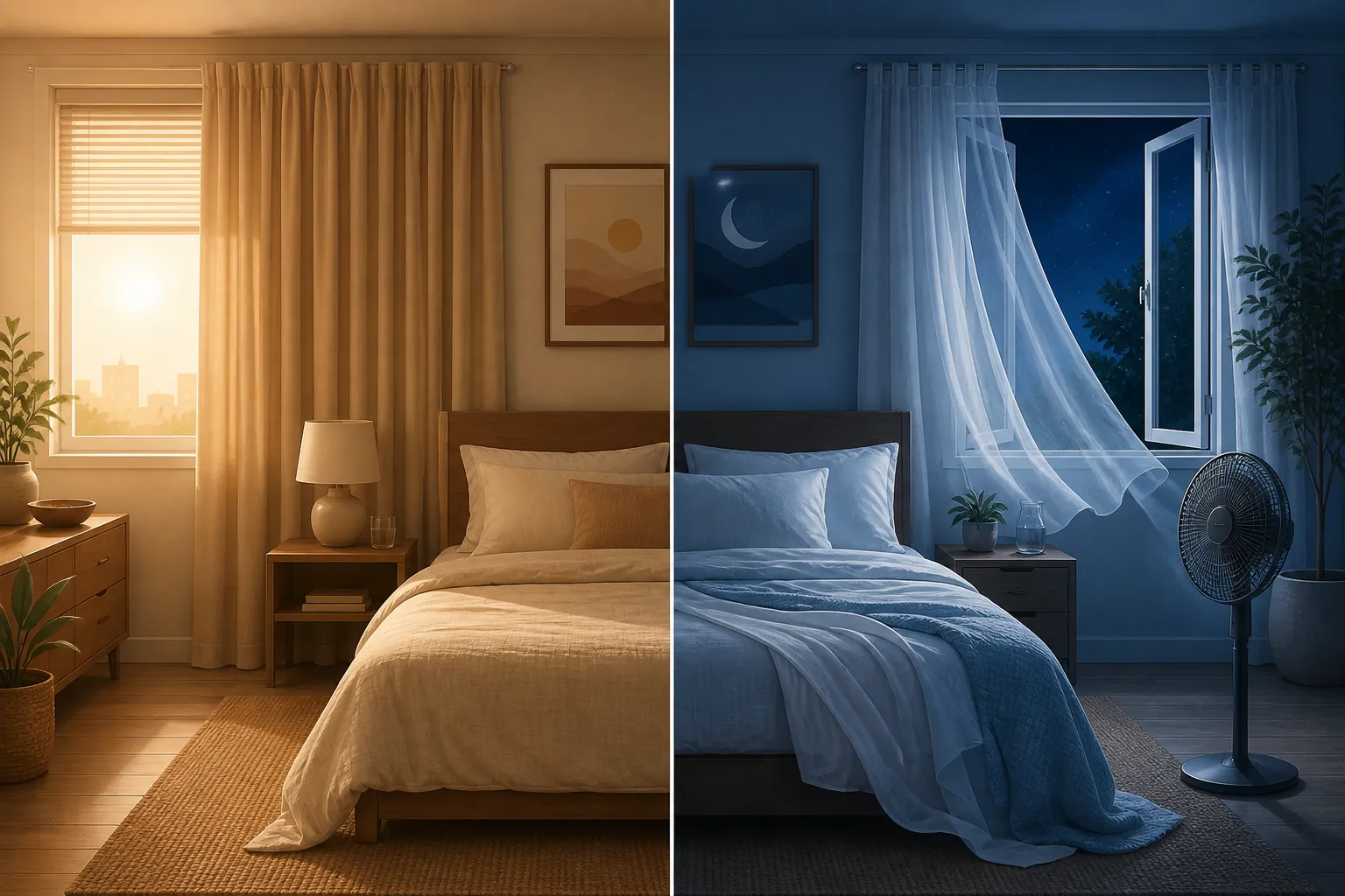 Bedroom shown in daytime with curtains drawn to block heat and at night with a window open, fan, and lightweight layered bedding
