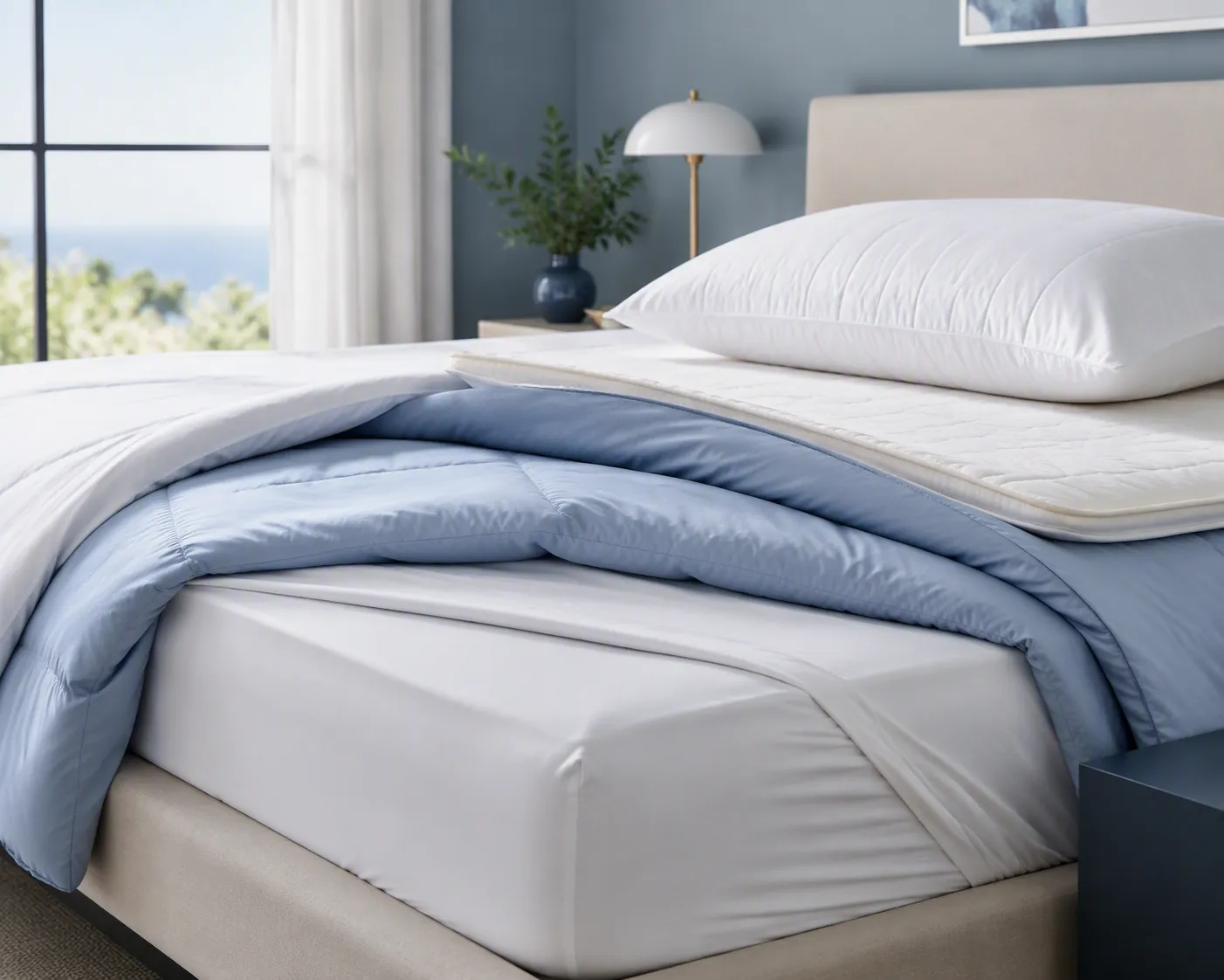 A bed shown with cooling bedding layers including a white fitted sheet, light blue quilted duvet, pillow, and slim mattress topper edge