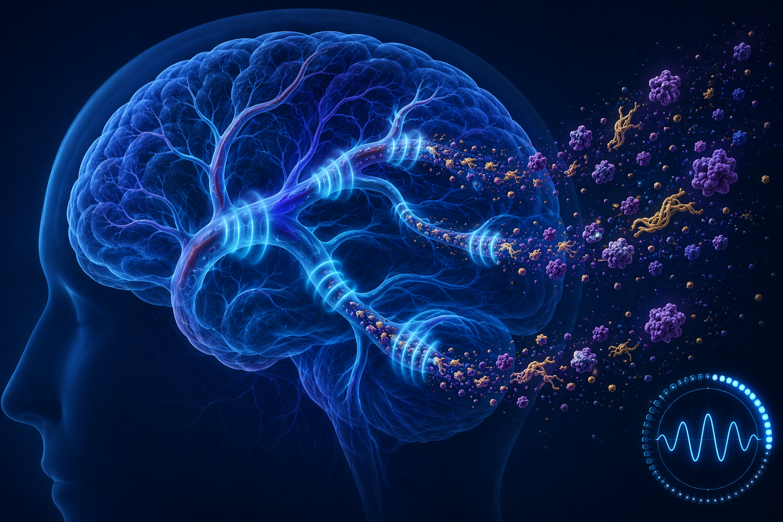 Human brain silhouette with rhythmic blue wave pulses along blood vessels and particles flowing outward from brain tissue