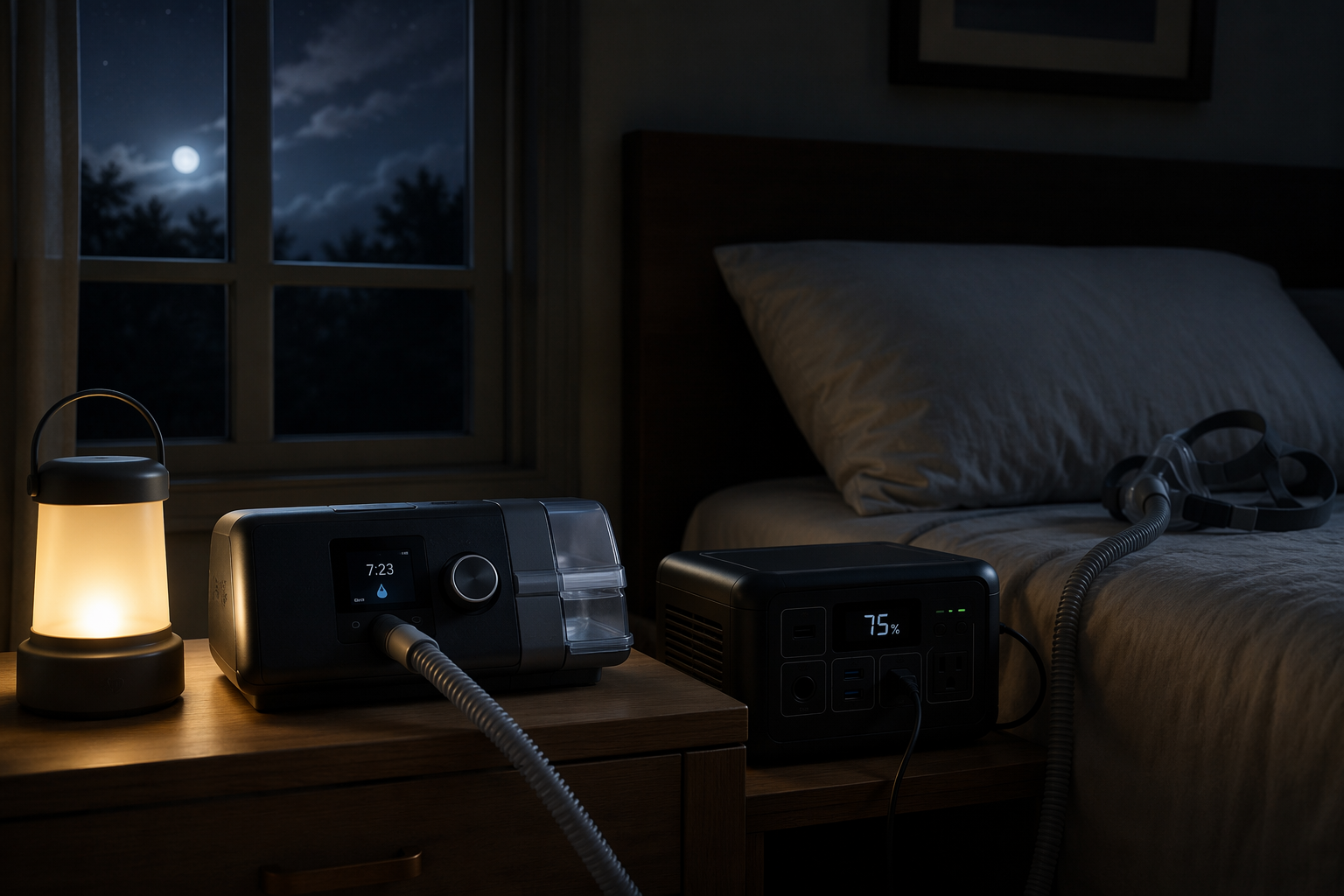 A CPAP machine connected to a portable battery backup during a power outage