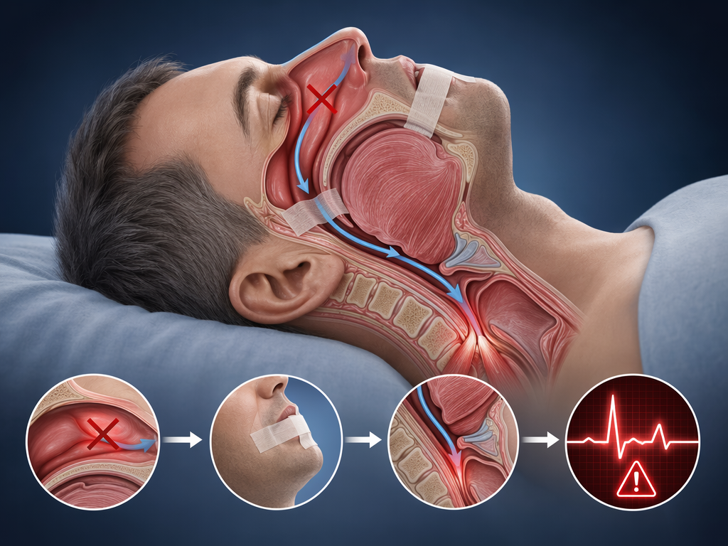 Anatomical diagram showing nasal blockage, sealed mouth, and airway collapse