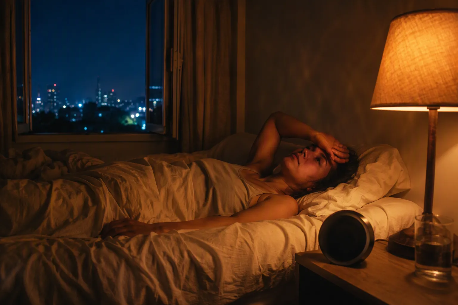 Hot bedroom at night with a person lying awake and a thermometer on the nightstand