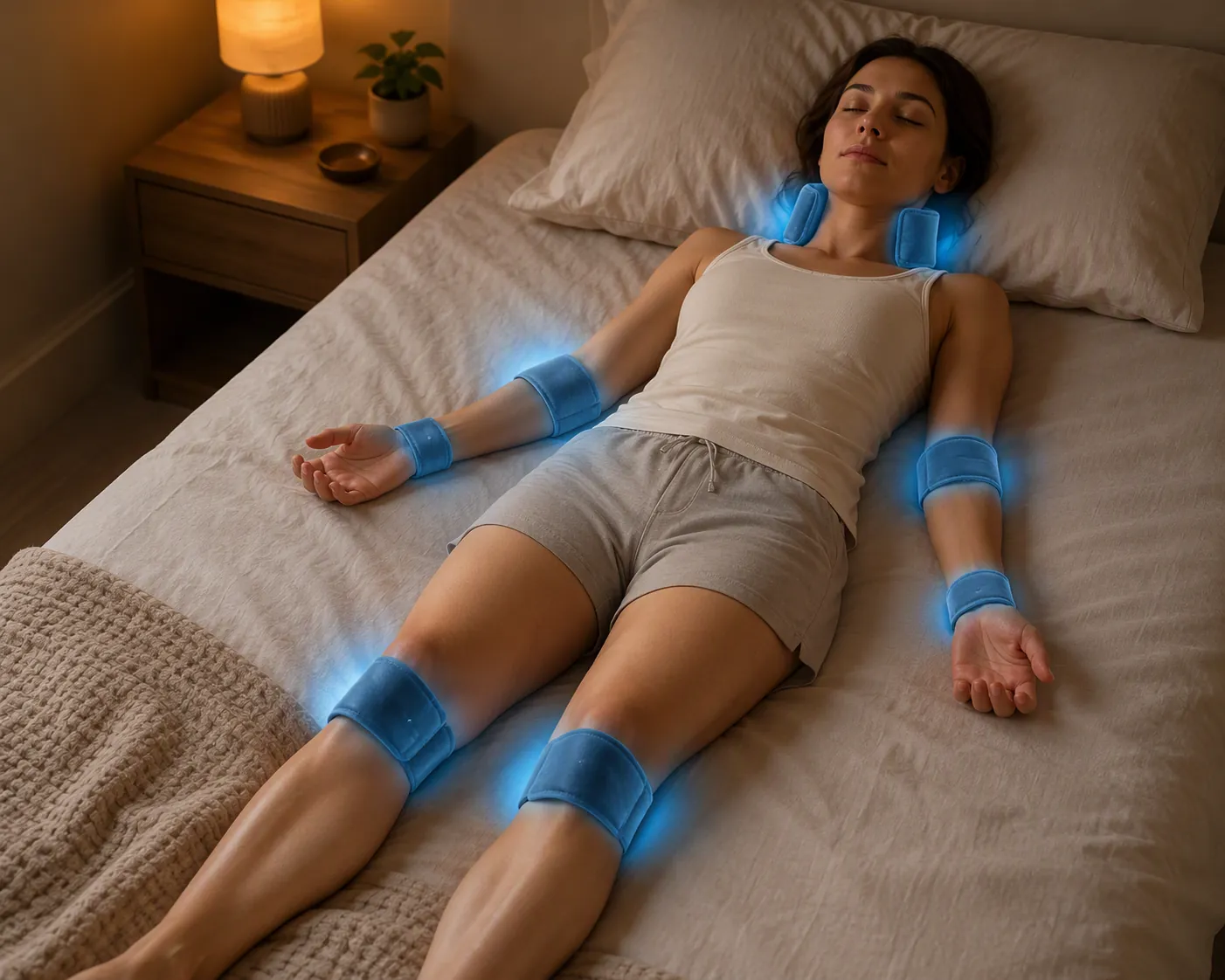 Person lying in bed with cold packs on wrists, neck, inner elbows, and behind the knees