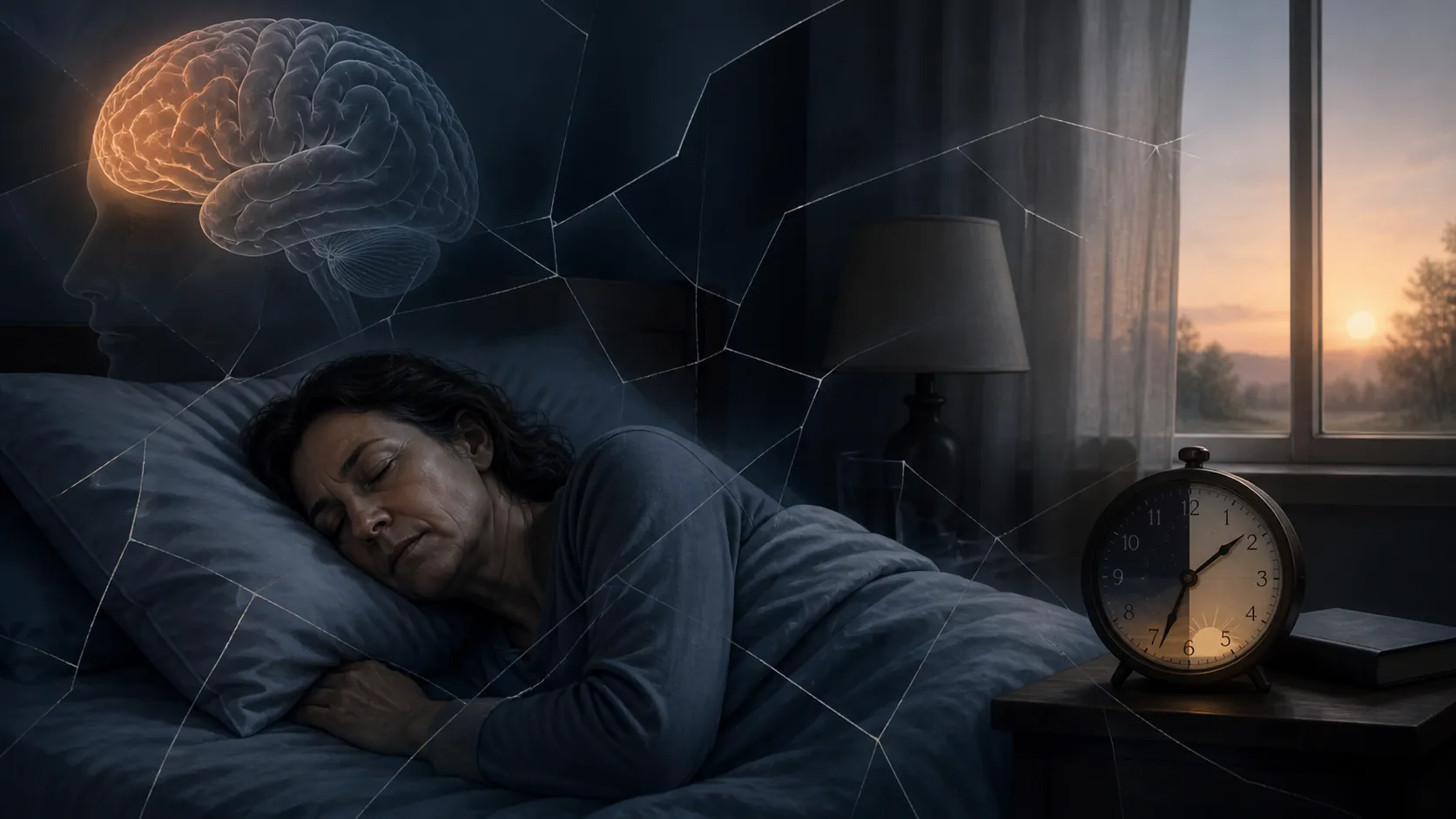 A person in bed with fragmented visual lines and a translucent brain outline highlighting the frontal region