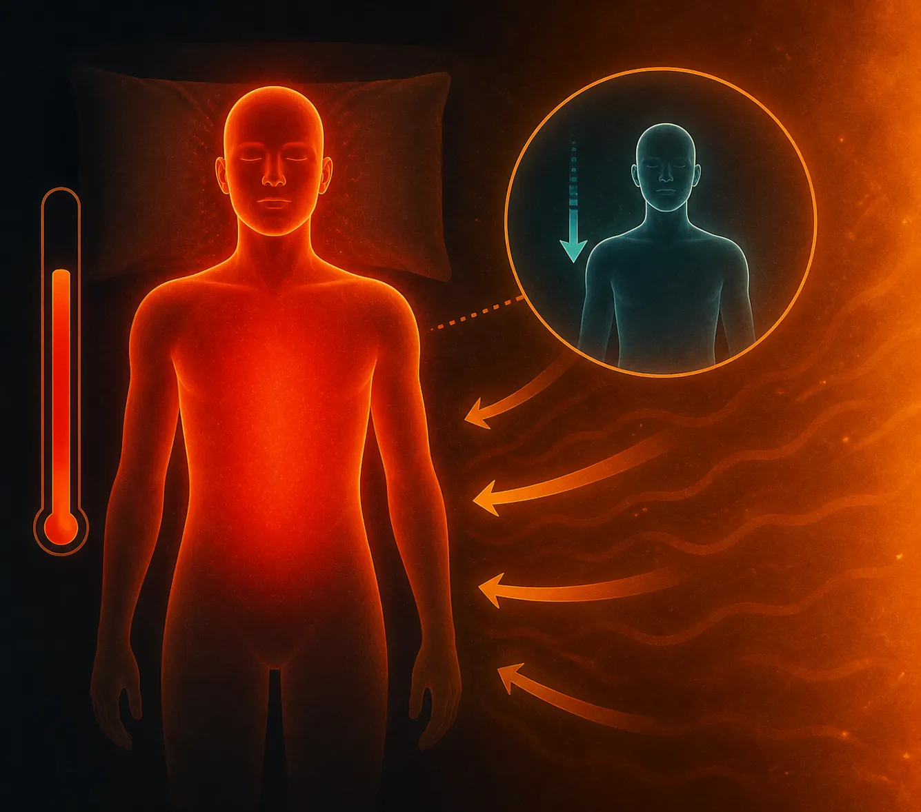 Human body surrounded by trapped ambient heat that prevents the cooling needed to fall asleep