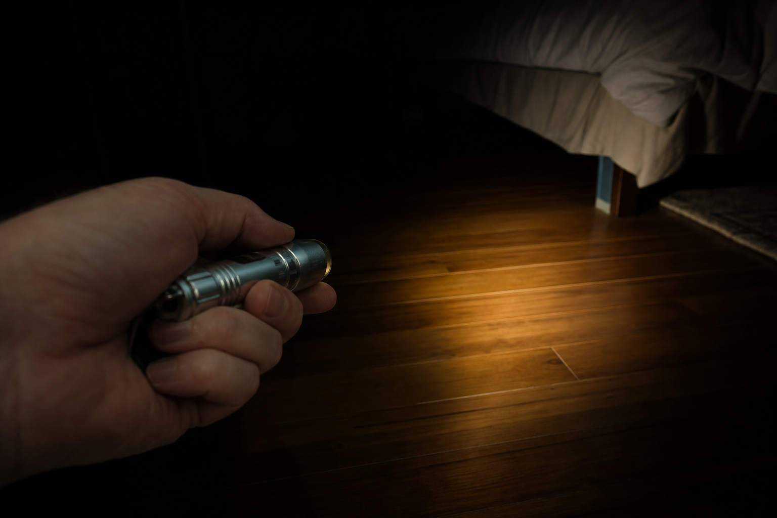 A close-up in near-total darkness of a hand holding a small silver flashlight, its narrow warm beam illuminating a section of wooden bedroom floor and the foot of a bed.