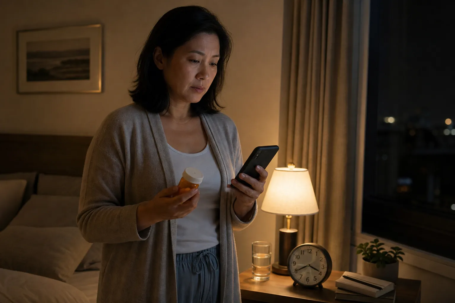 Person in a dim bedroom checking a prescription bottle and pharmacy website late at night