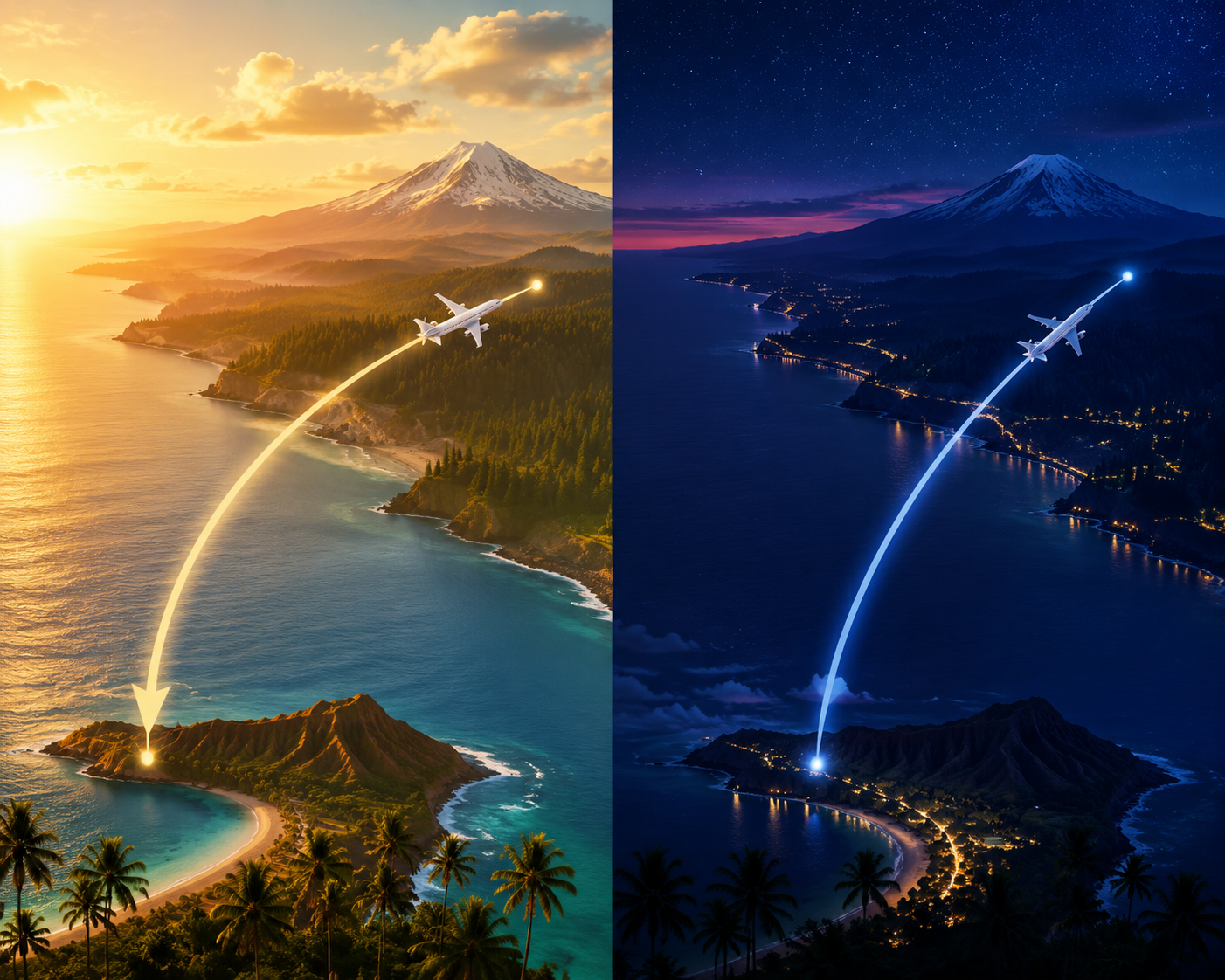 Side-by-side comparison of westbound Spokane to Hawaii daylight travel and eastbound Hawaii to Pacific Northwest evening return