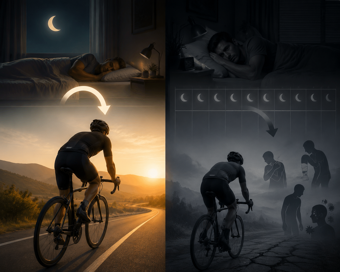 Illustration contrasting one recoverable night of poor sleep with repeated sleep restriction across a calendar