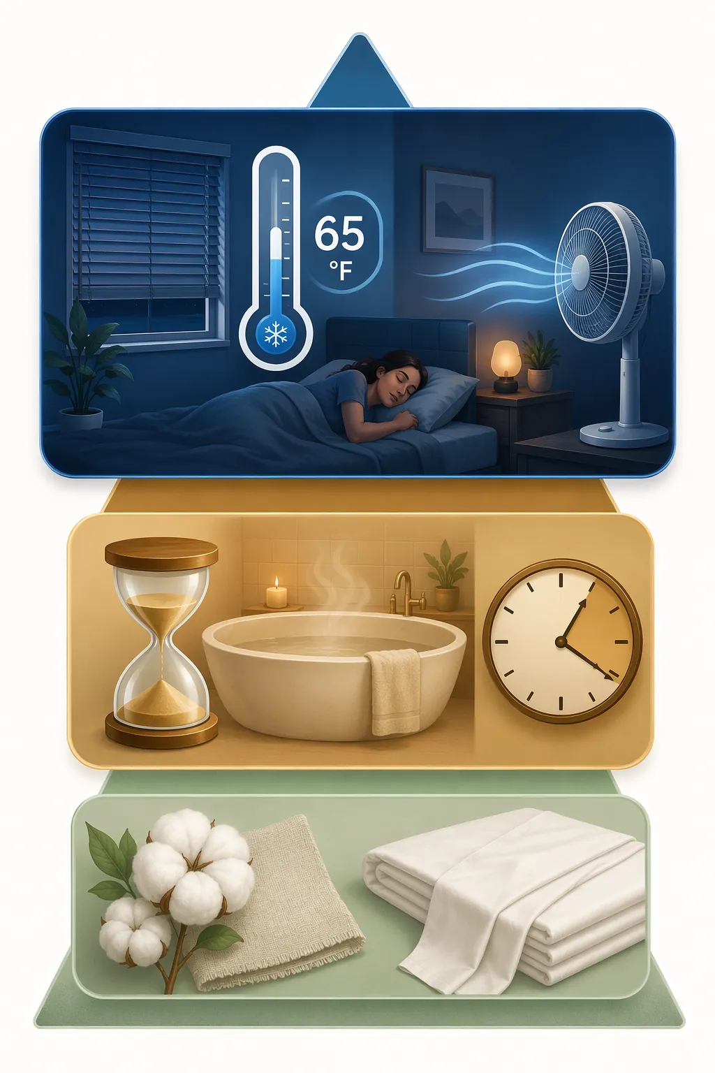 A three-tier illustration ranking cooling strategies from bedroom cooling and fan use to warm baths and breathable bedding