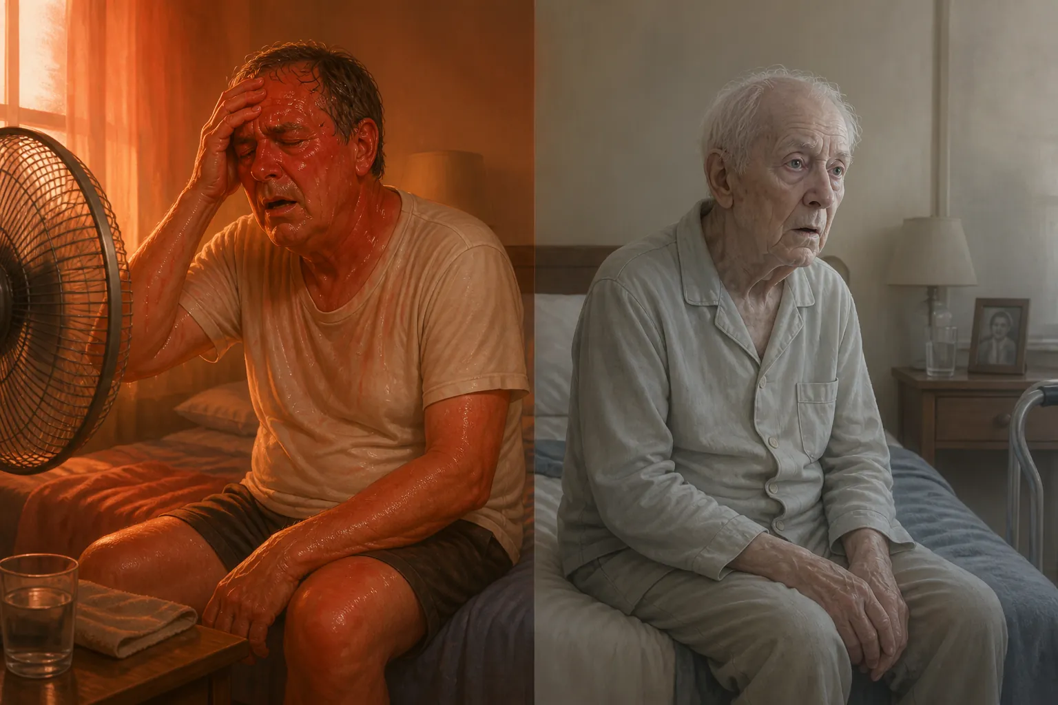Comparison of typical heat distress with heavy sweating and an older adult heat-stress presentation without obvious sweating