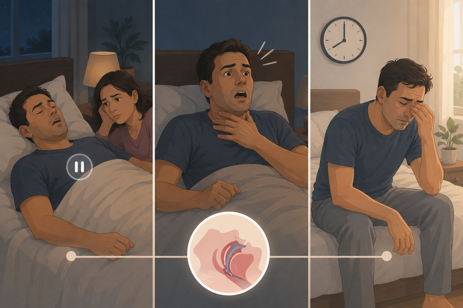 Illustration of witnessed breathing pauses, gasping during sleep, and daytime exhaustion despite enough sleep