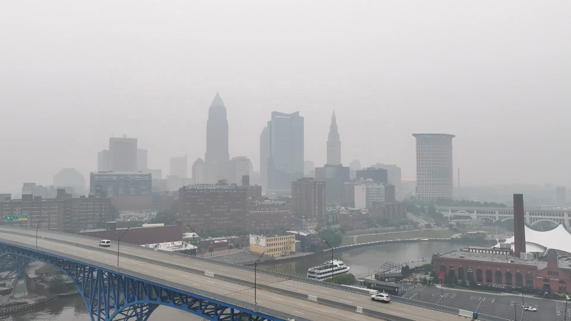 Cedar Point amusement park shrouded in dense gray-orange wildfire smoke haze