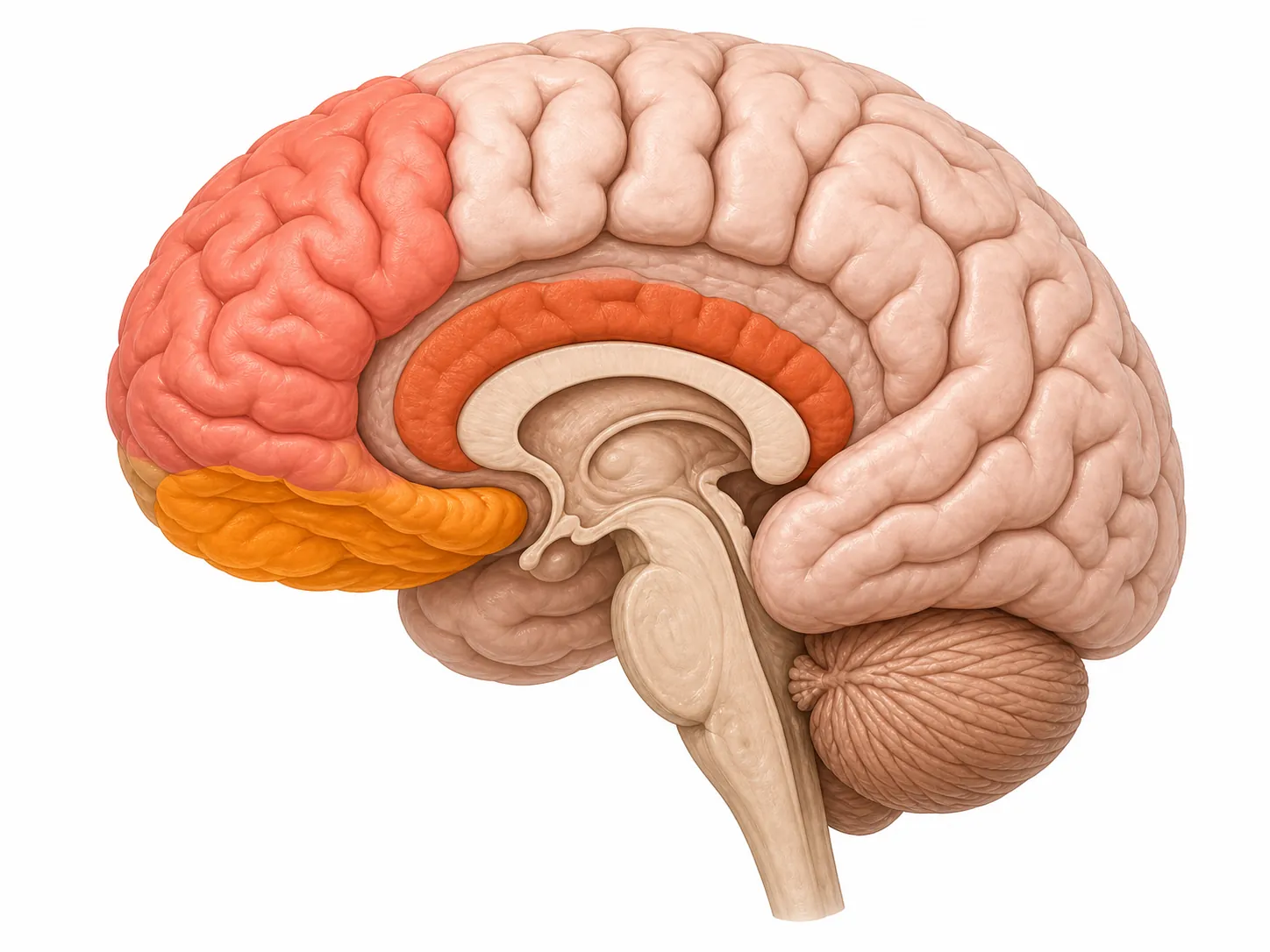 Medical illustration of a brain with the superior frontal gyrus, orbitofrontal cortex, and anterior cingulate region highlighted