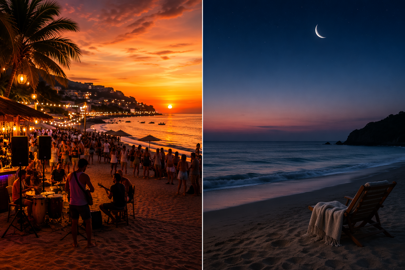 Split comparison of a bright crowded resort beach and a quiet dark twilight beach