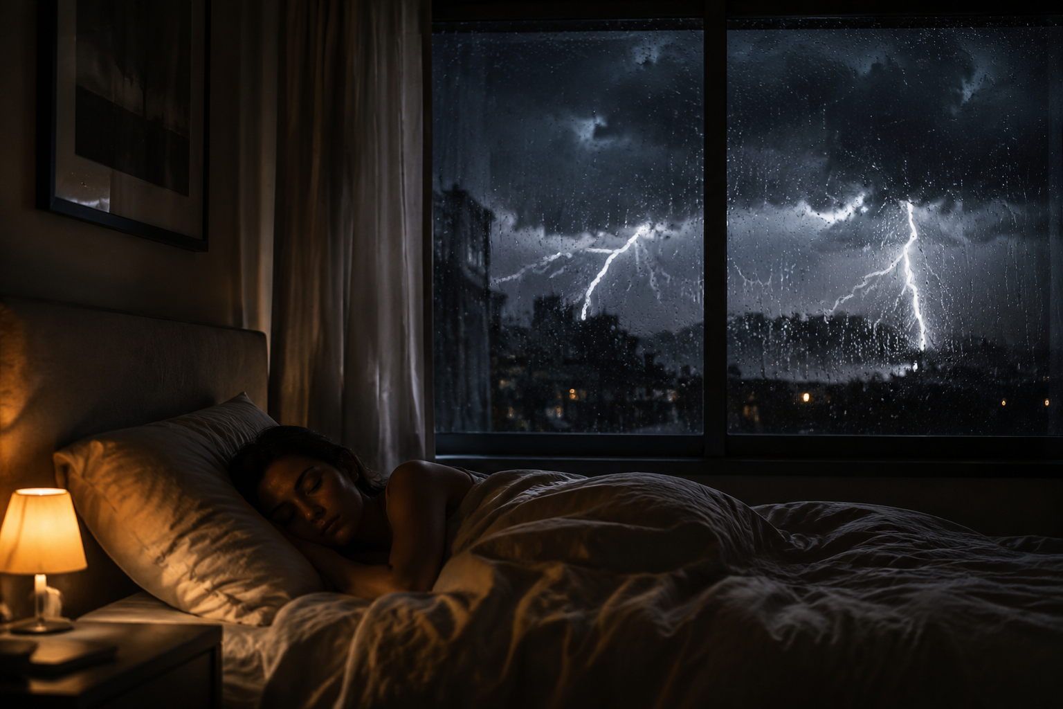 Dark bedroom with a person sleeping under a duvet while lightning flashes outside a rain-streaked window