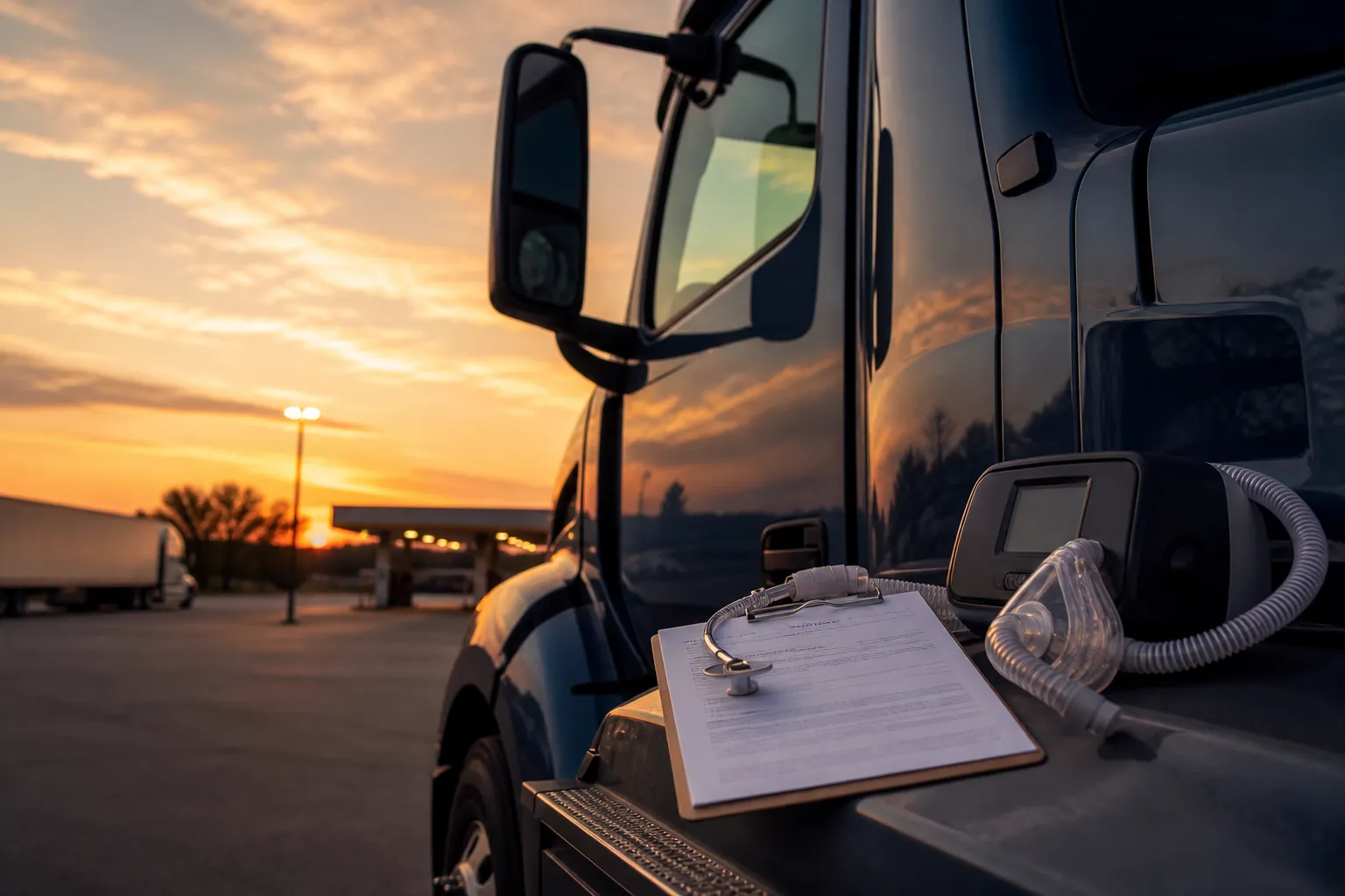Commercial semi-truck at a rest stop with a DOT medical clipboard and CPAP machine in the foreground
